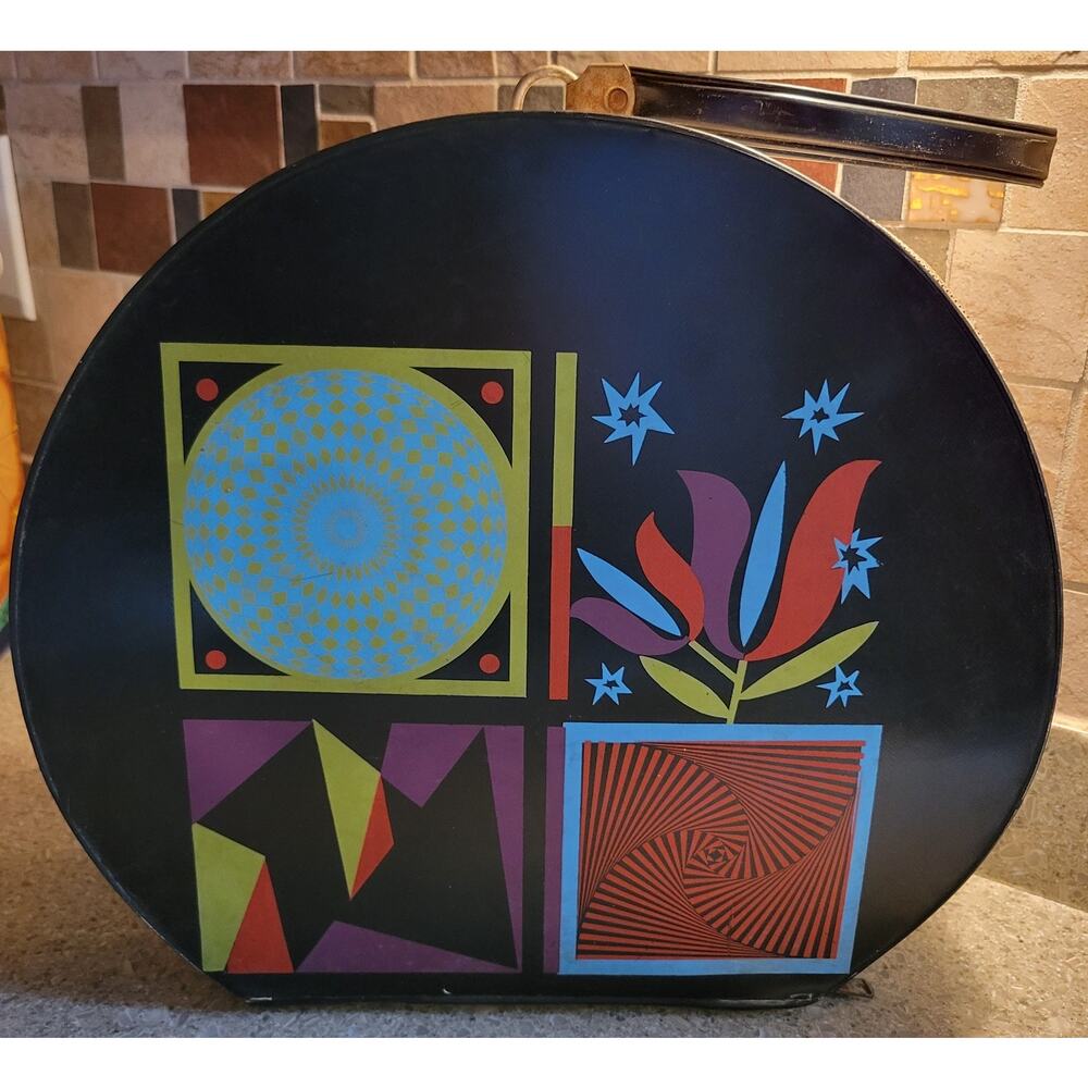 Funky Art Deco Travel Case Zipper Close 13" Diameter 4" Deep Flat Bottom 60's